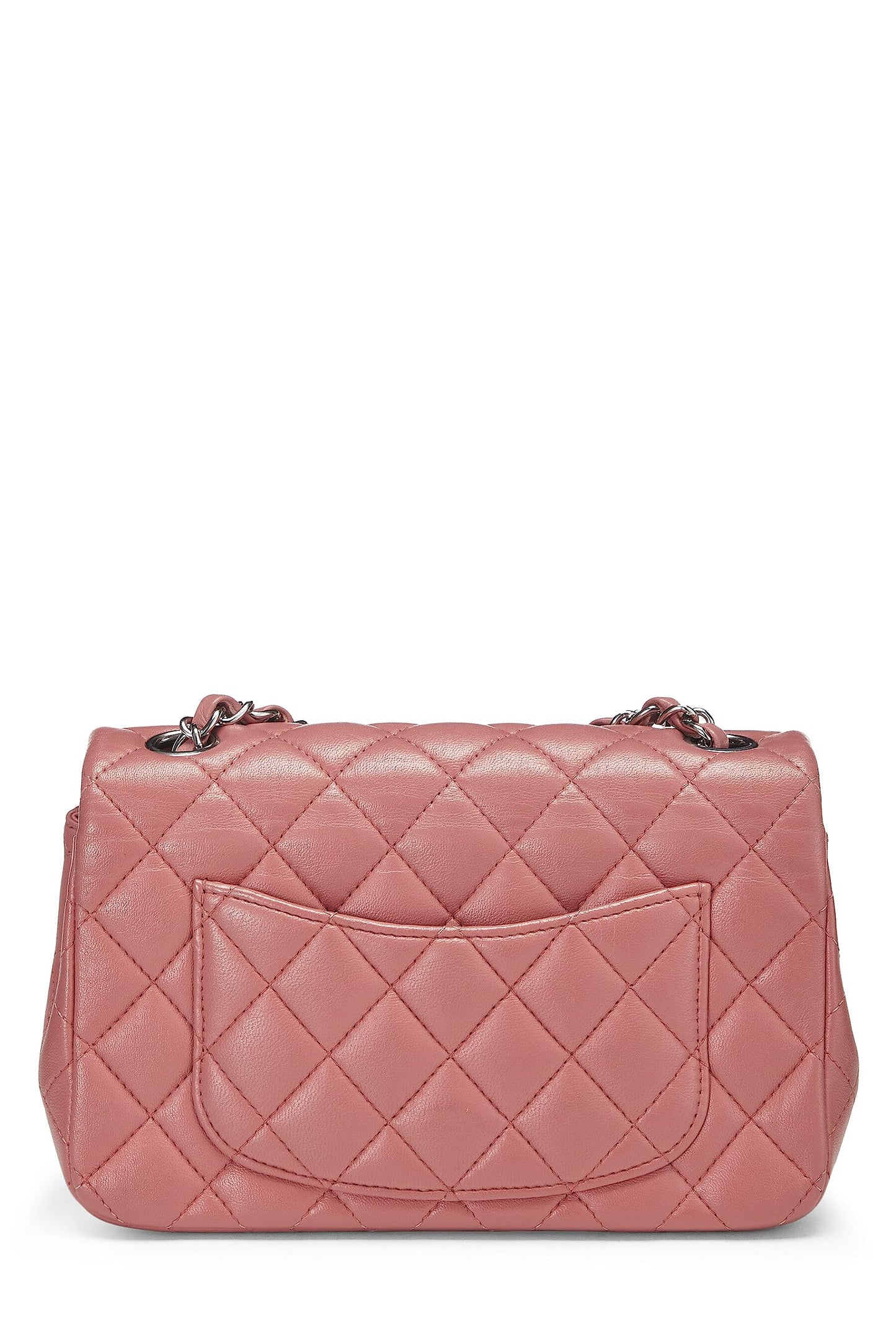 Chanel, Mini sac à rabat rectangulaire en cuir d'agneau matelassé rose d'occasion, rose