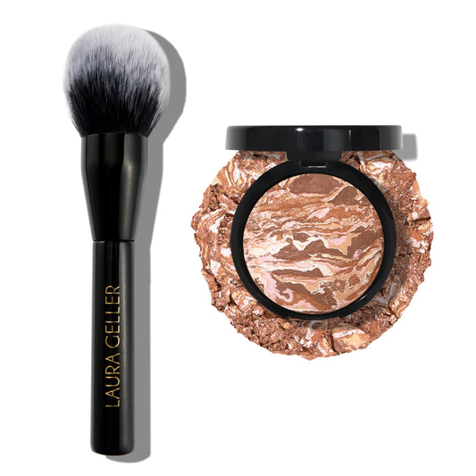 Polvo bronceador Baked Bronze-n-Brighten de LAURA GELLER, mediano + Brocha de maquillaje clásica para bronceador, cerdas veganas