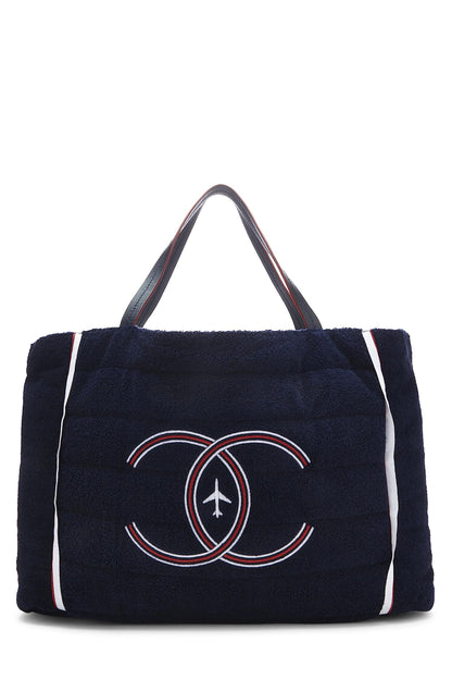 Chanel, Bolso tote Airlines reversible grande de tela de rizo azul marino y nailon plateado Pre-Loved, Plata