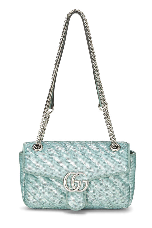 Gucci, sac à bandoulière GG Marmont à sequins bleus d'occasion, petit, vert