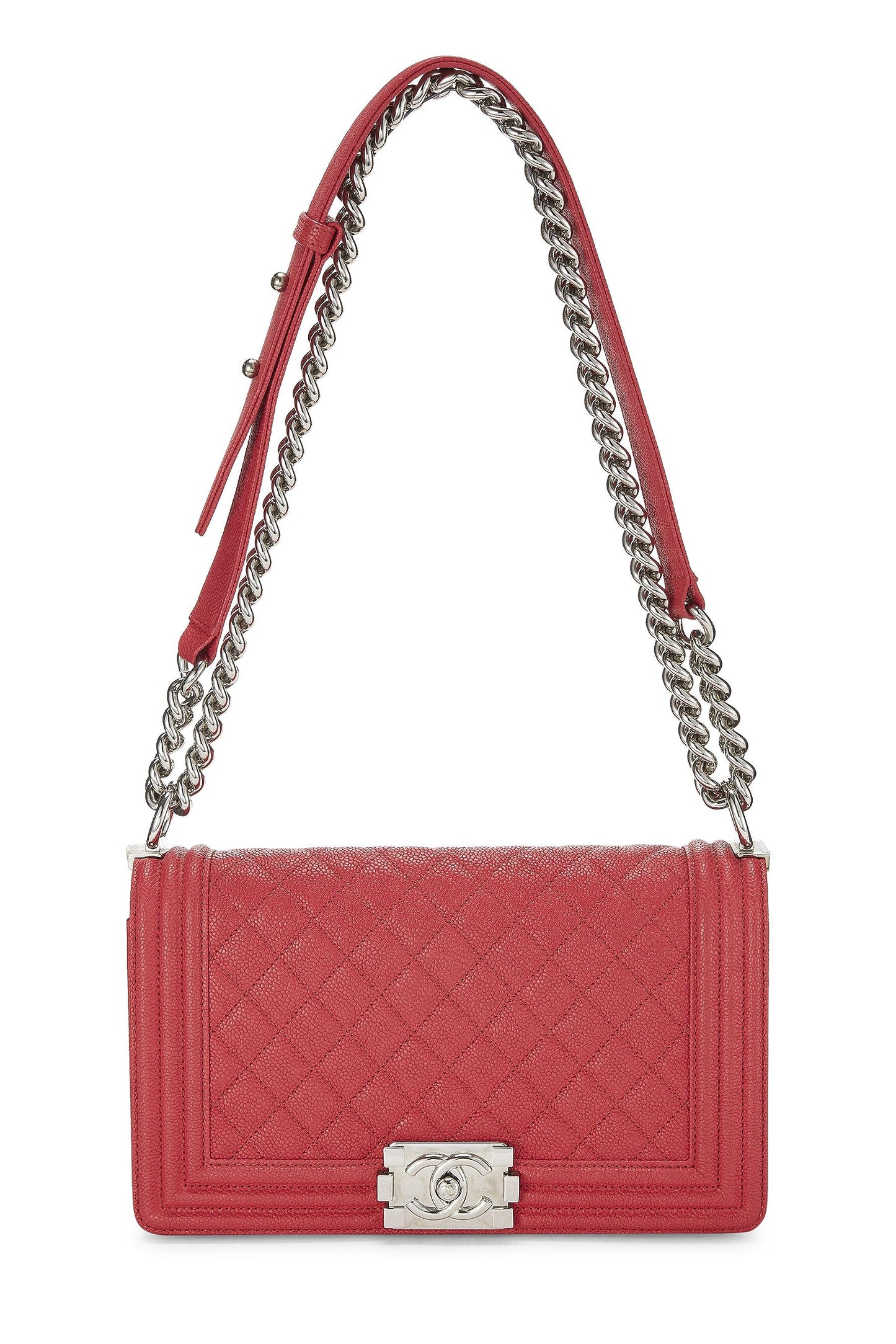 Chanel, sac Boy Caviar matelassé rouge de taille moyenne, d'occasion, rouge