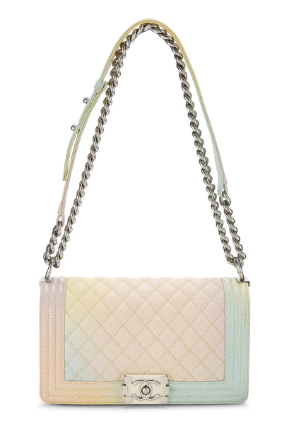 Chanel, Pre-Loved Rainbow Quilted Caviar Boy Bag Medium, White