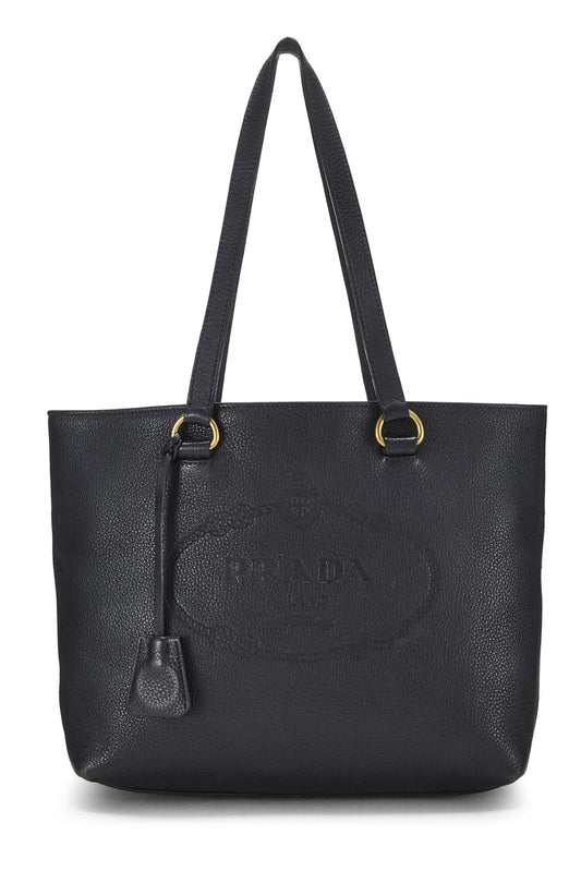 Prada, Pre-Loved Black Vitello Daino Logo Tote, Black