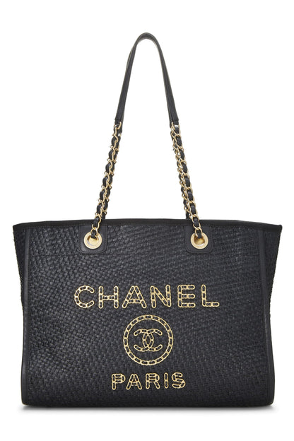 Chanel, sac fourre-tout Deauville en raphia tissé noir et naturel, taille moyenne, noir