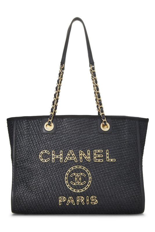 Chanel, Tote mediano Deauville de rafia tejida en negro y natural Pre-Loved, Negro