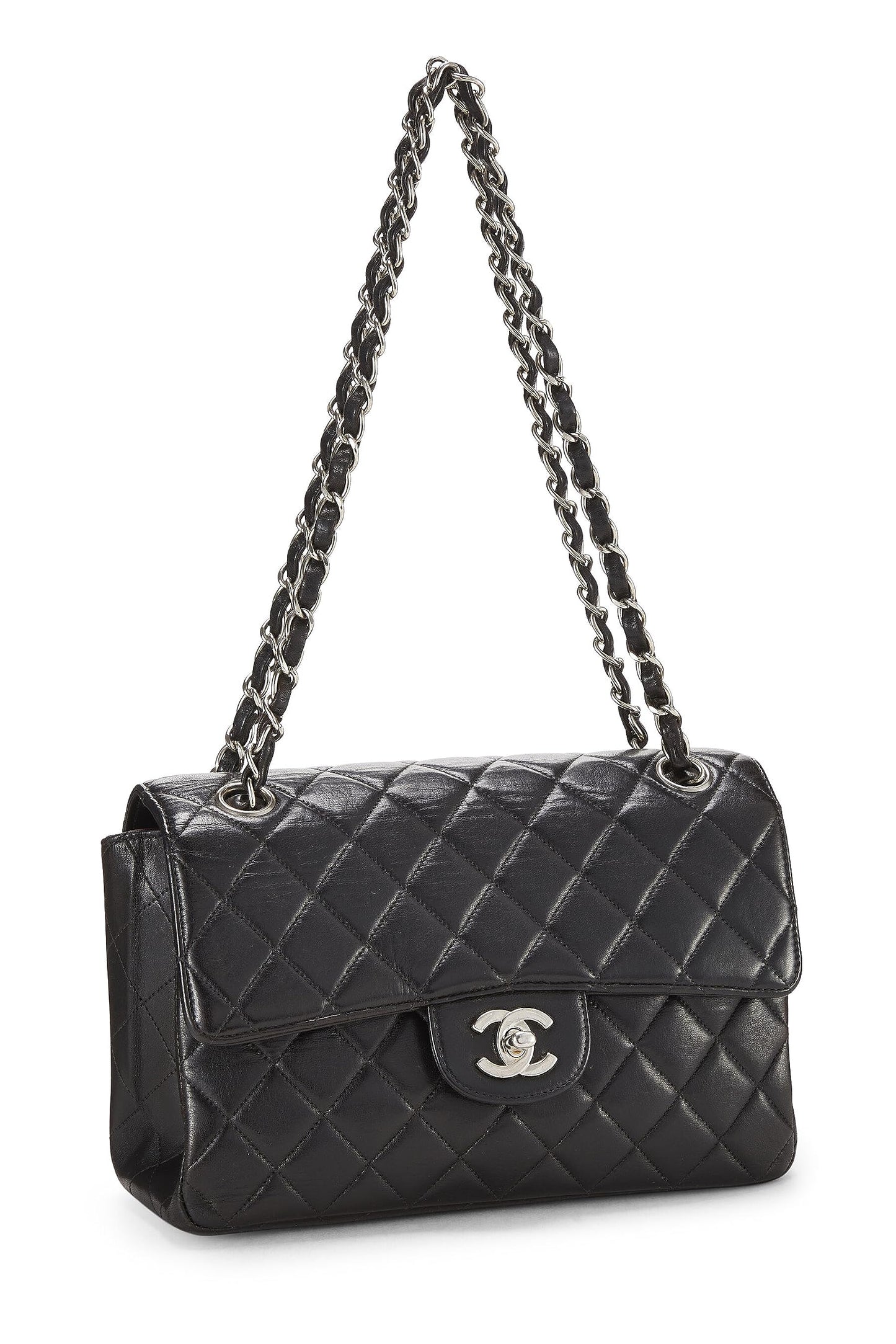 Chanel, Solapa pequeña de doble cara acolchada de piel de cordero negra Pre-Loved, Negro