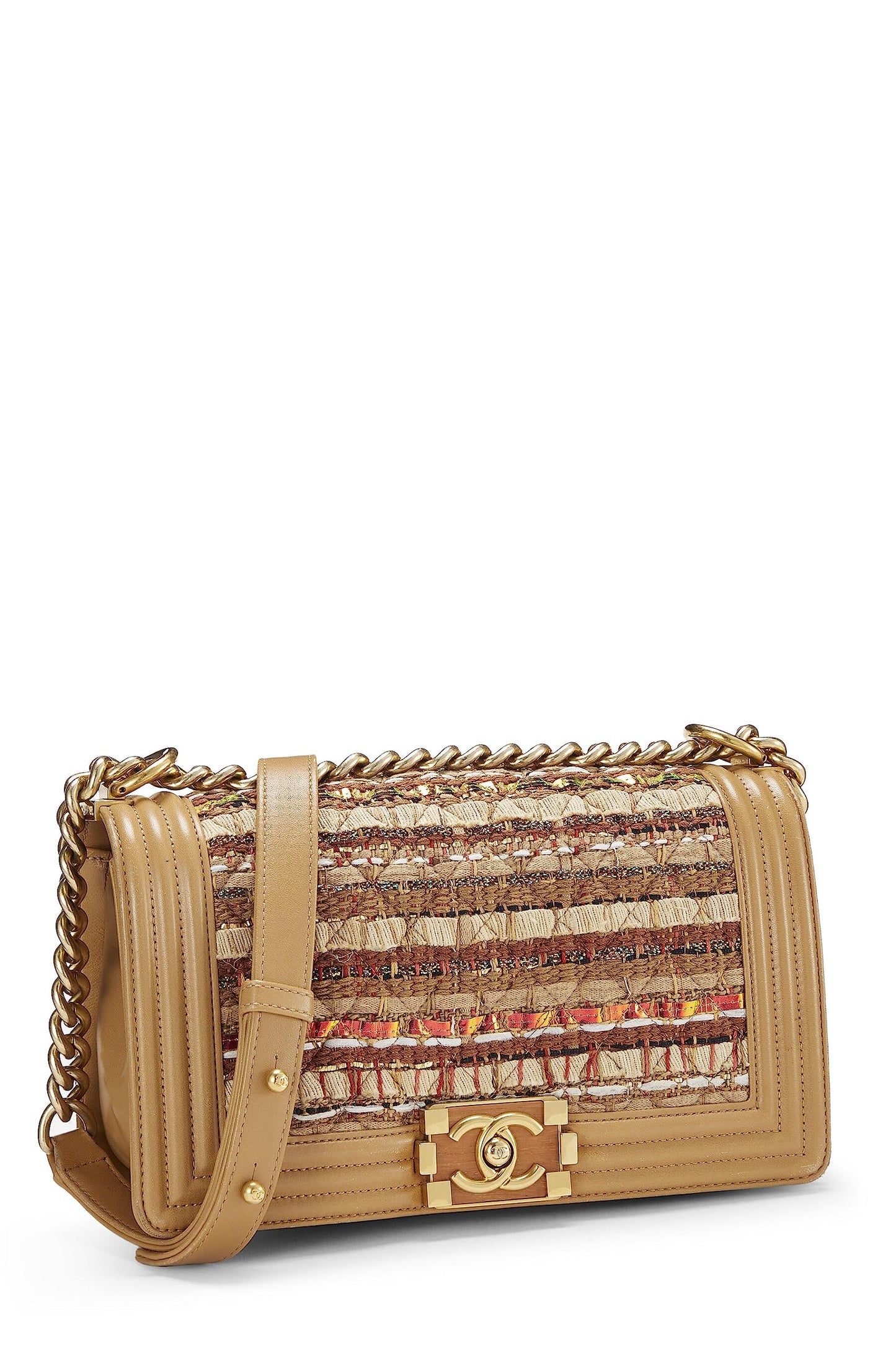 Chanel, sac Boy en tweed beige d'occasion de taille moyenne, beige