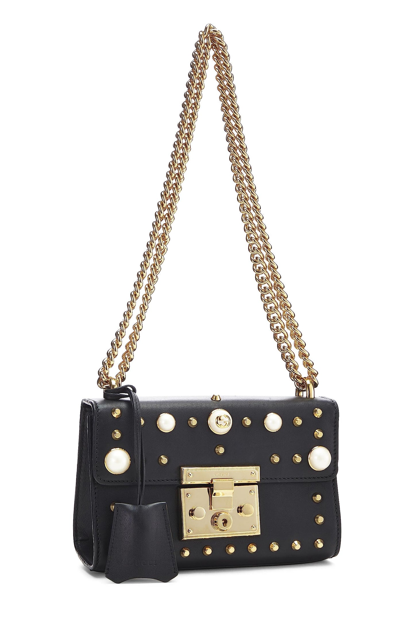 Gucci, Pre-Loved Black Leather Studded Padlock Shoulder Bag Small, Black