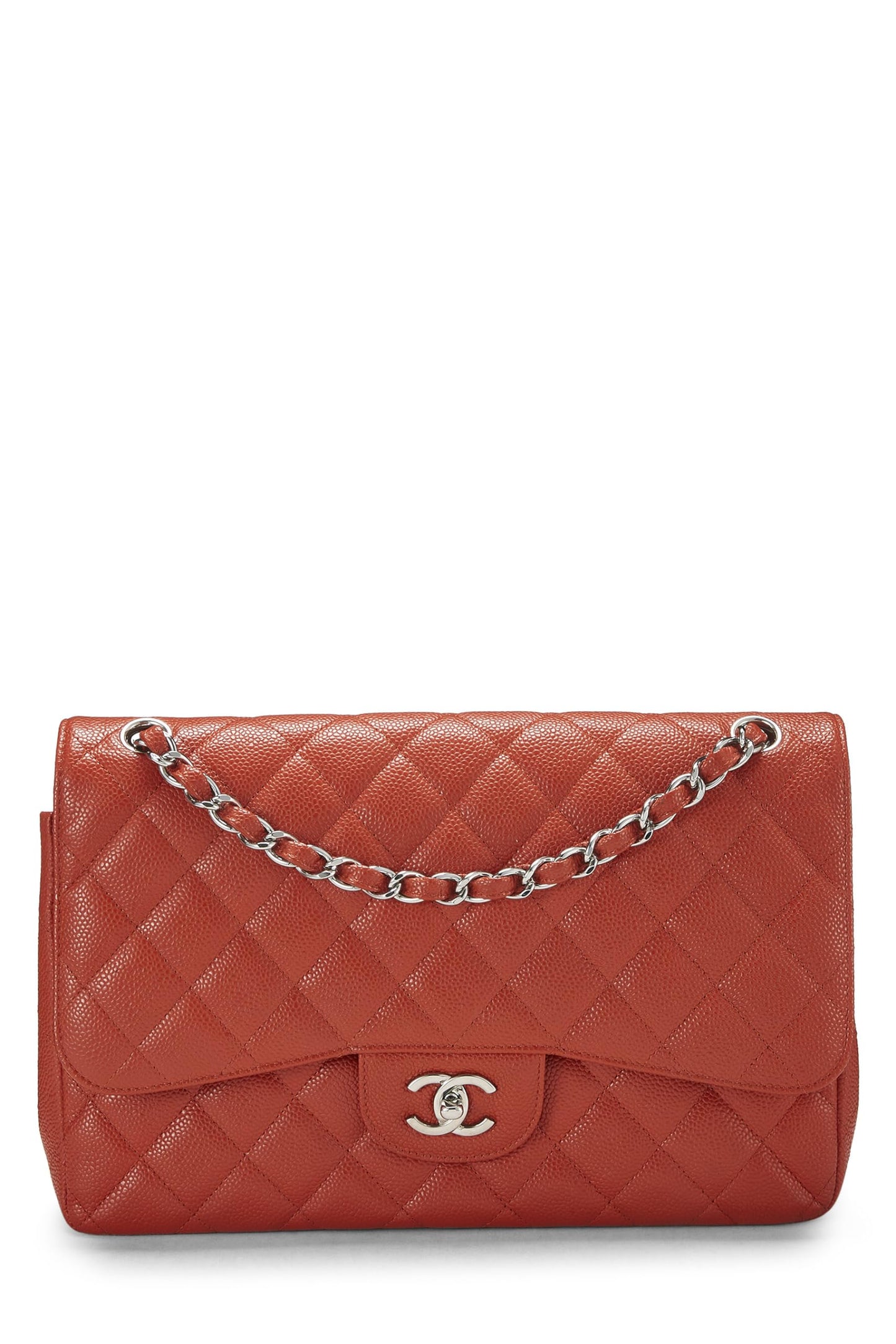 Chanel, Caviar acolchado naranja Pre-Loved New Classic Jumbo con doble solapa, Naranja