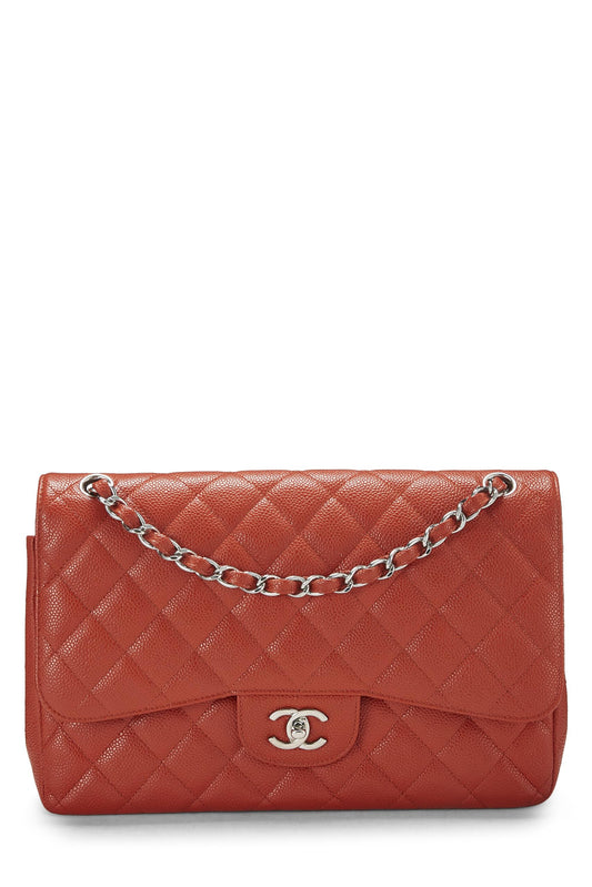 Chanel, Pre-Loved Orange Quilted Caviar New Classic Double Flap Jumbo, Orange