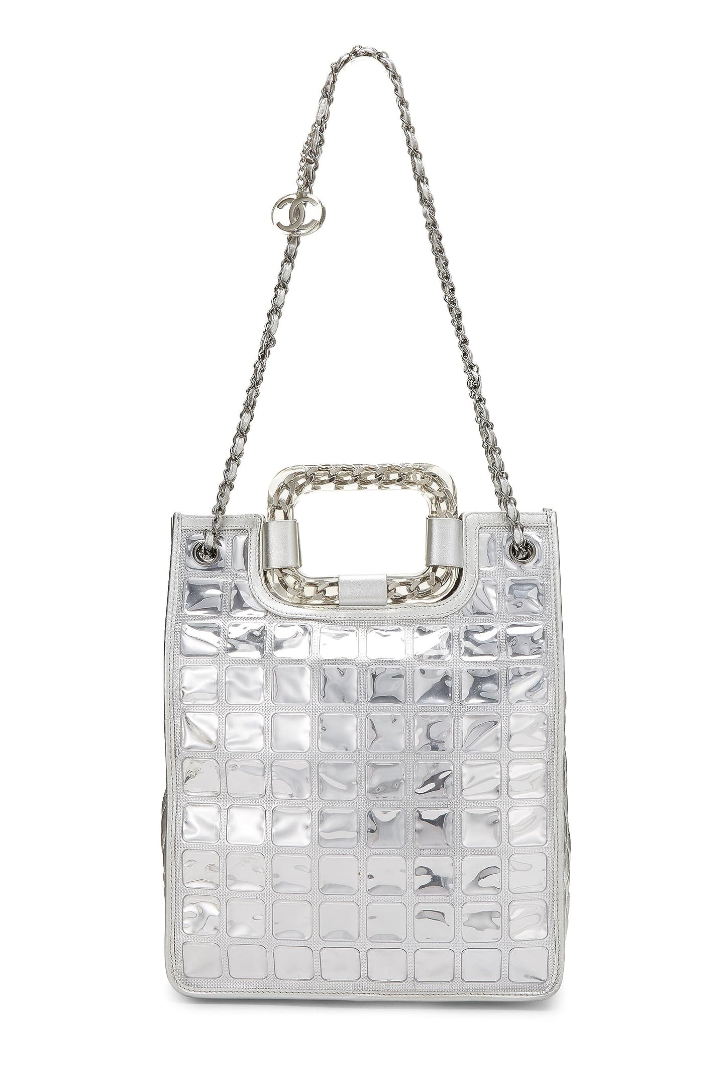 Chanel, sac cabas Ice Cube en cuir matelassé métallisé argenté d'occasion, argent