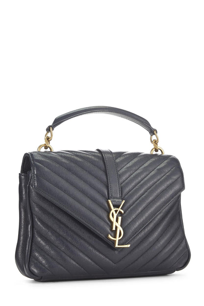 Yves Saint Laurent, Pre-Loved Navy Chevron Leather College Medium, Azul marino