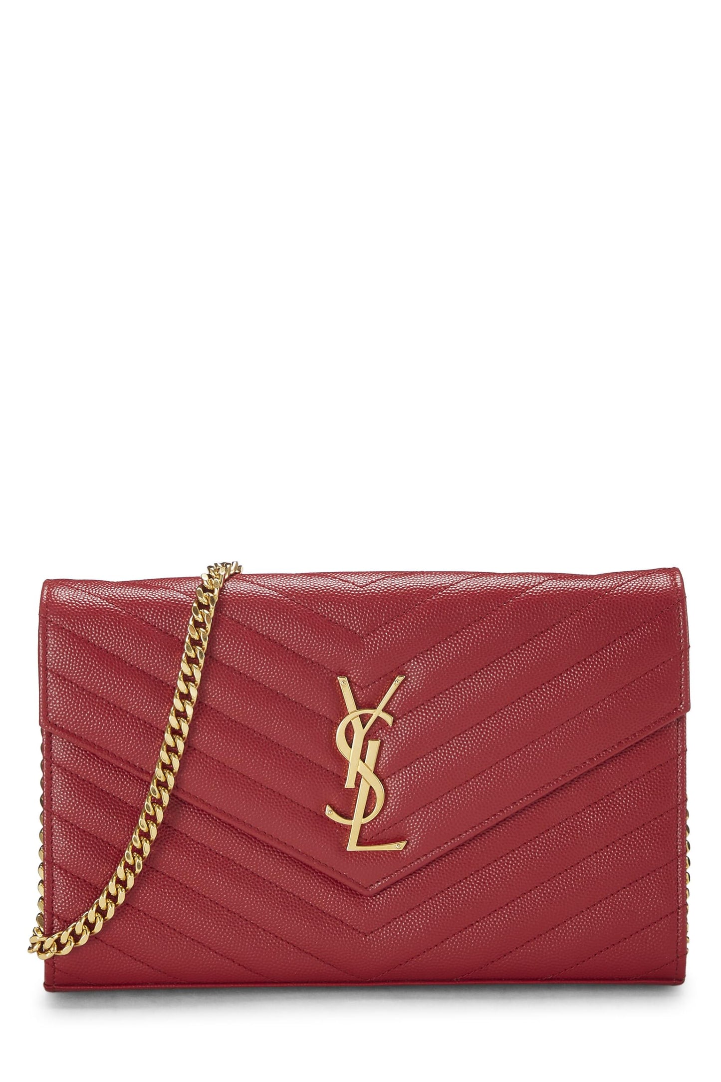 Yves Saint Laurent, Portefeuille enveloppe sur chaîne en cuir de veau grainé rouge d'occasion (WOC), rouge