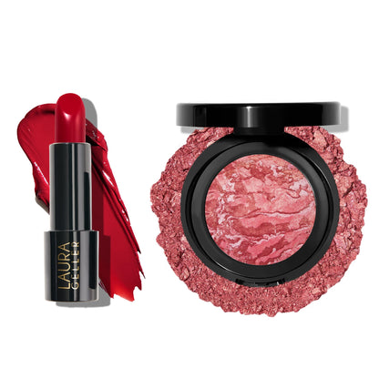 LAURA GELLER NEW YORK Rubor Baked Blush-n-Brighten, tonos Tropic + Lápiz labial en crema Modern Classic, Red Radiance