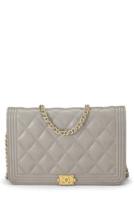 Chanel, Portefeuille Boy Caviar gris sur chaîne d'occasion (WOC), gris