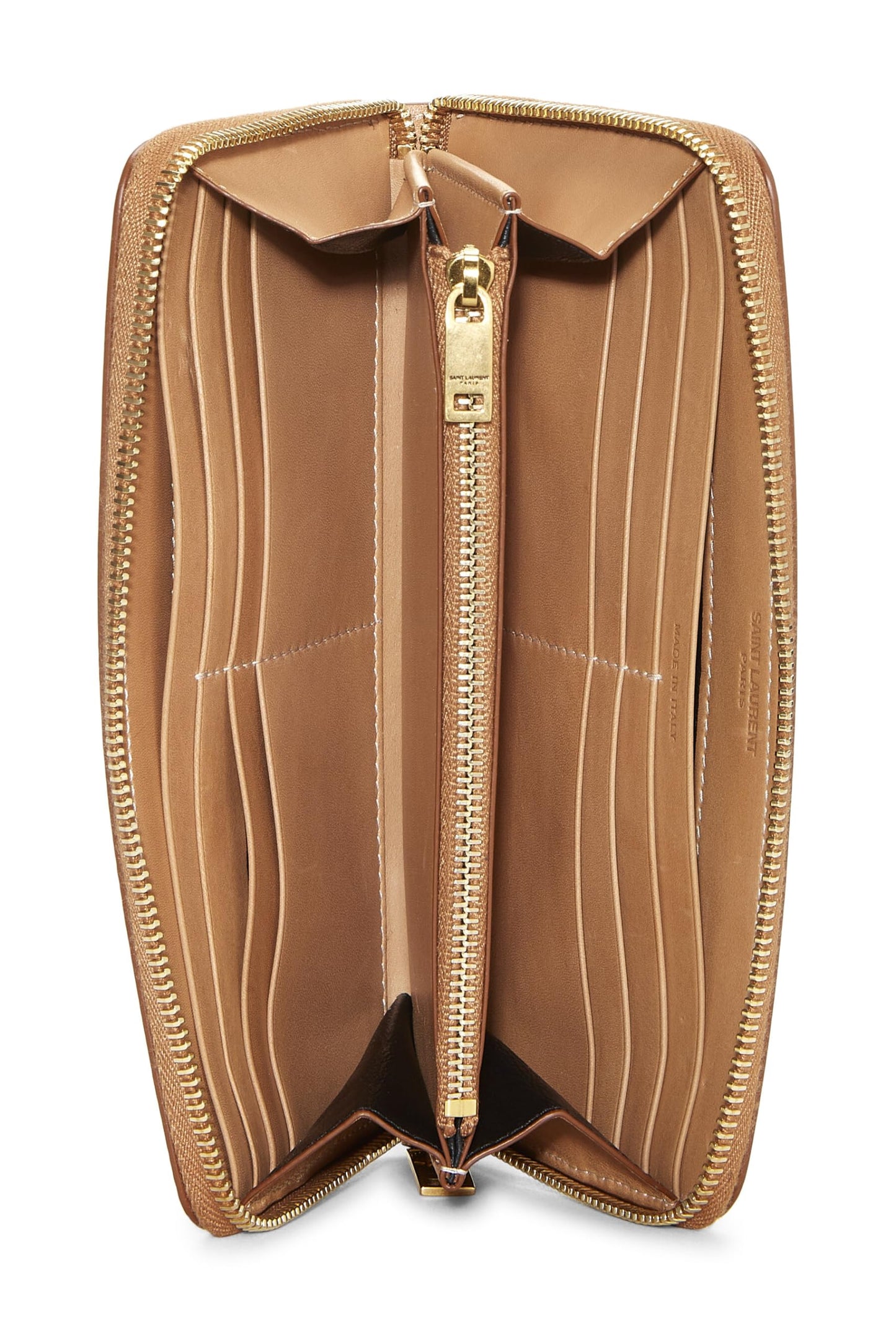 Yves Saint Laurent, portefeuille zippé en cuir marron d'occasion, beige