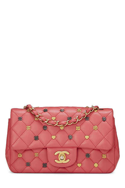 Chanel, Mini porte-monnaie rectangulaire Lucky Charm en cuir d'agneau rose d'occasion, rose