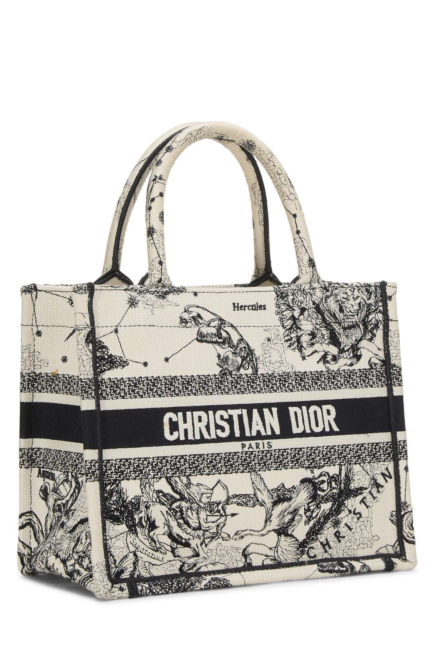 Dior, Pre-Loved Black & White Zodiac Embroidered Canvas Book Tote Small, White