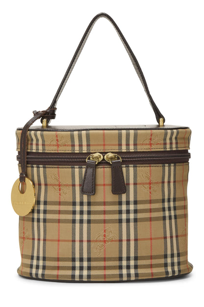 Burberry, trousse de toilette ronde en toile Haymarket marron d'occasion, marron