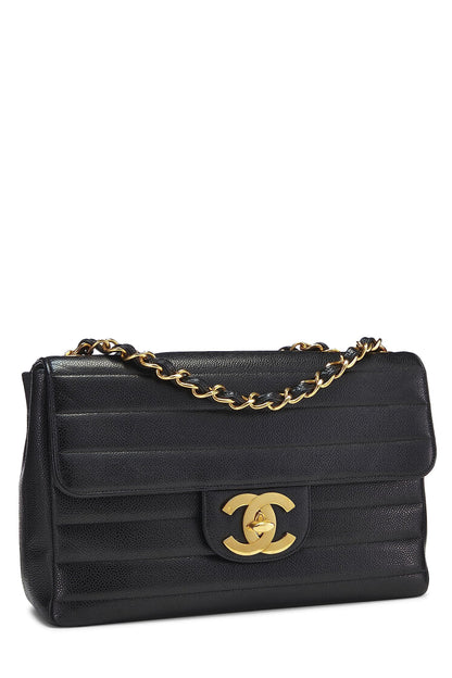 Chanel, sac à main Jumbo à demi-rabat horizontal noir caviar d'occasion, noir