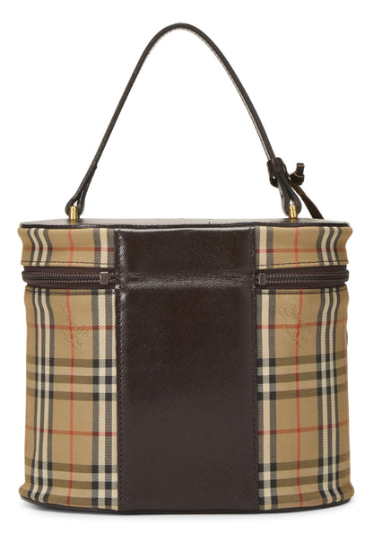 Burberry, trousse de toilette ronde en toile Haymarket marron d'occasion, marron