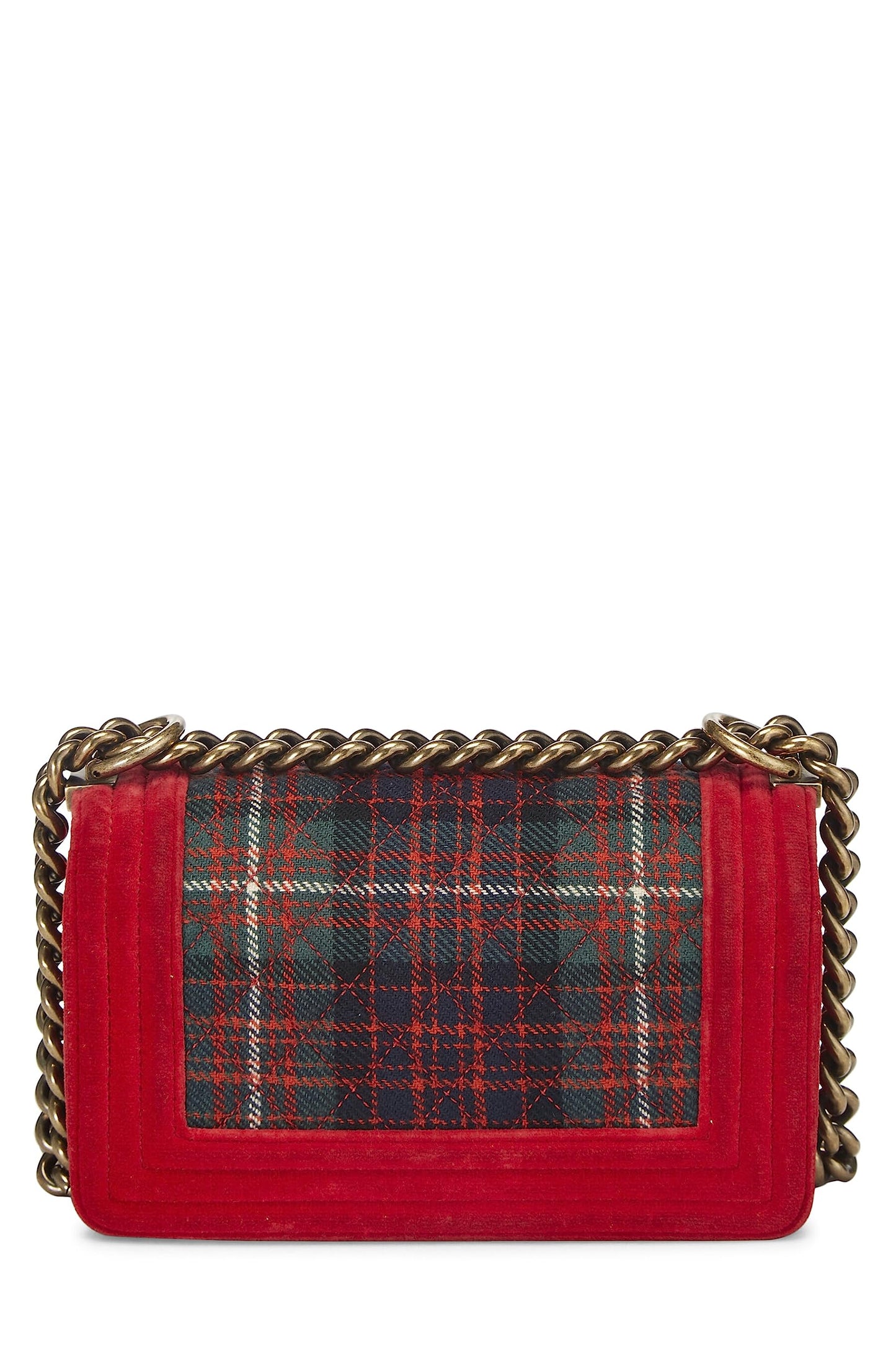 Chanel, sac à main en velours tartan rouge Paris-Edimbourg d'occasion, petit modèle, rouge