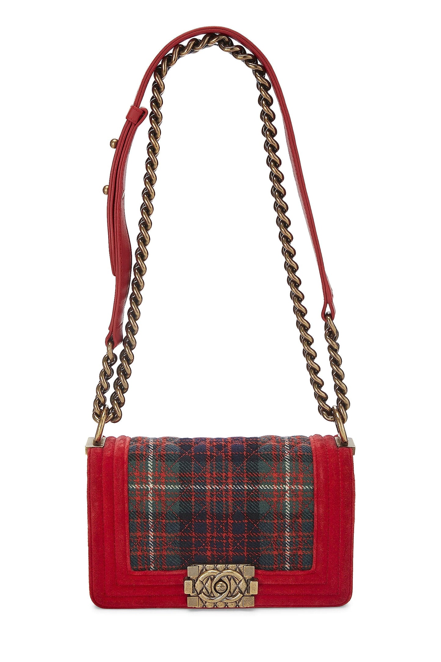 Chanel, Bolso pequeño para niño de terciopelo tartán rojo Pre-Loved Paris-Edimburgo, Rojo