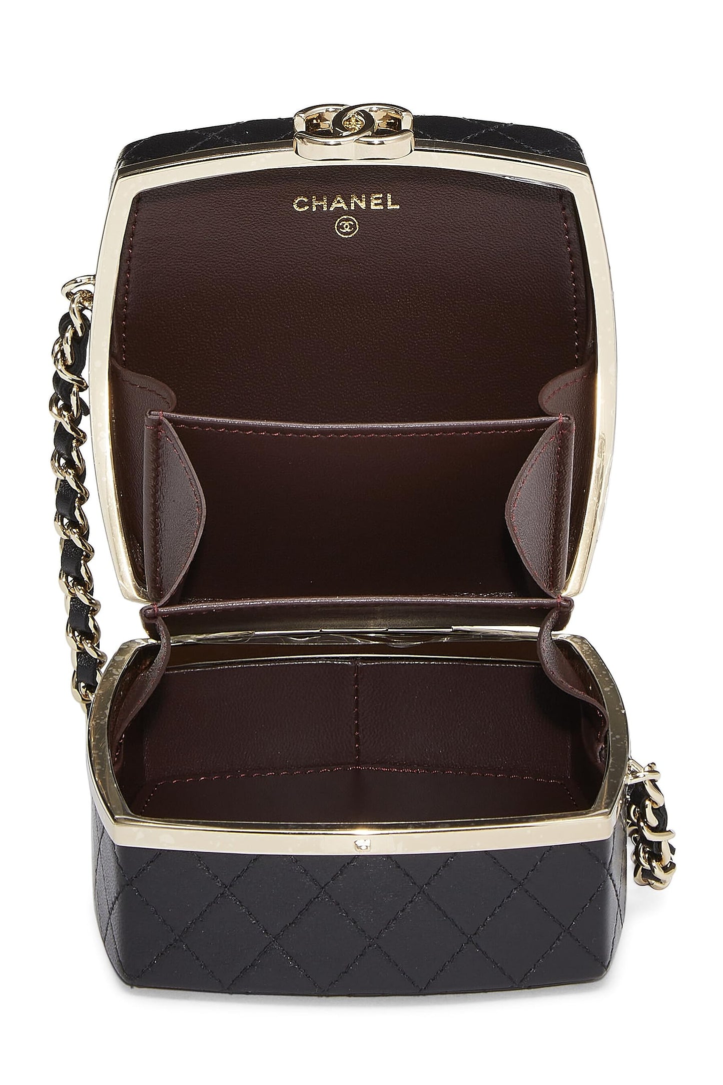 Chanel, Pochette à poudre en cuir d'agneau noir sur chaîne, d'occasion, noir