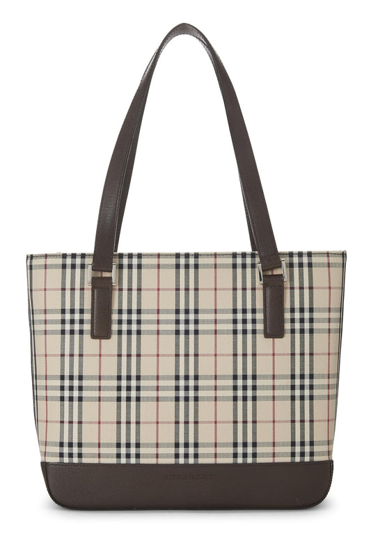 Burberry, sac fourre-tout en toile à carreaux marron d'occasion, petit modèle, marron