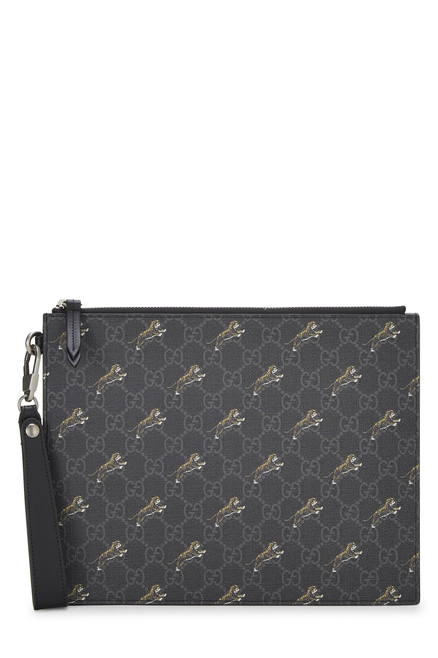 Gucci, Pochette à documents Tiger en toile enduite noire GG Supreme d'occasion, noir