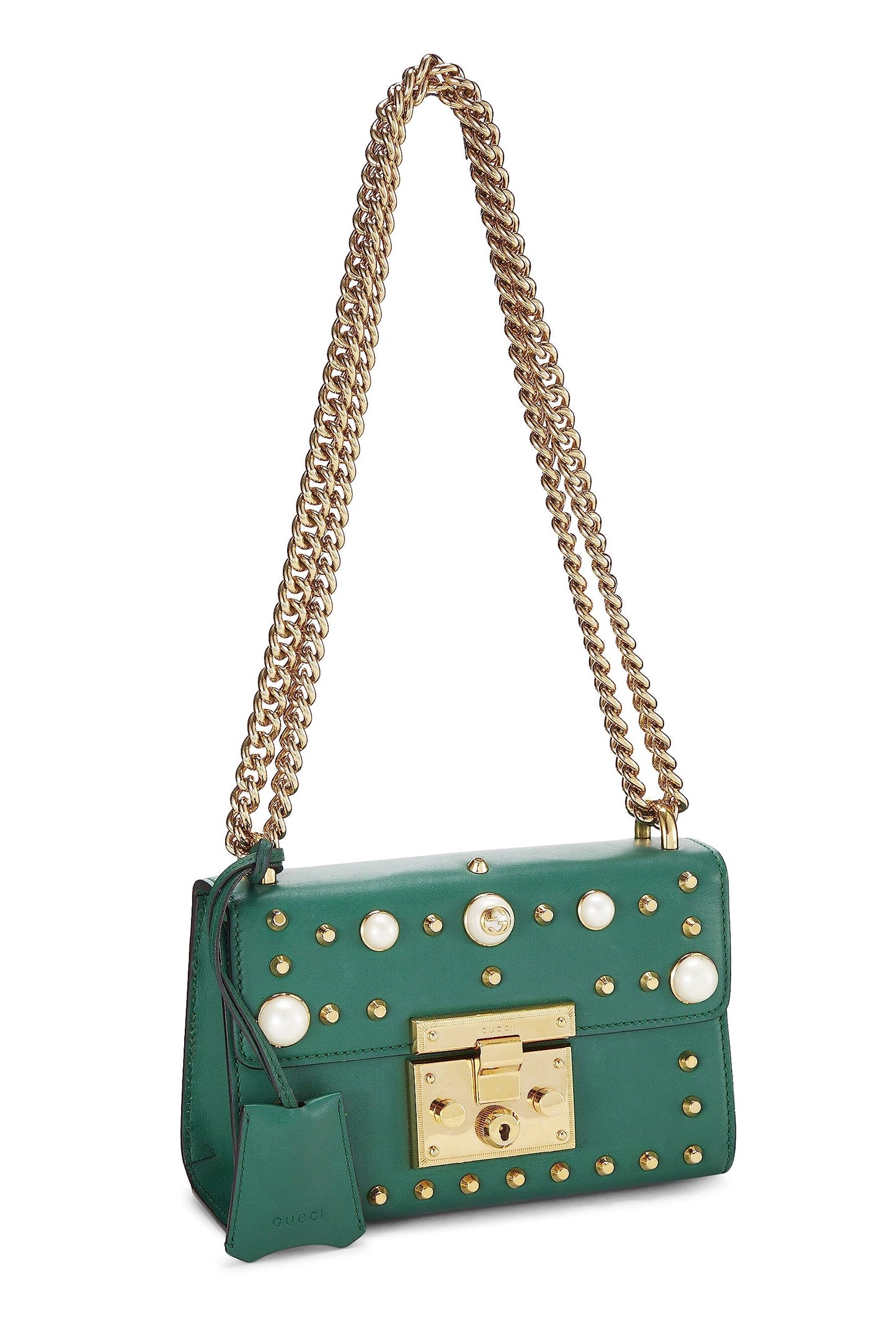 Gucci, Pre-Loved Green Leather Studded Padlock Shoulder Bag Small, Green