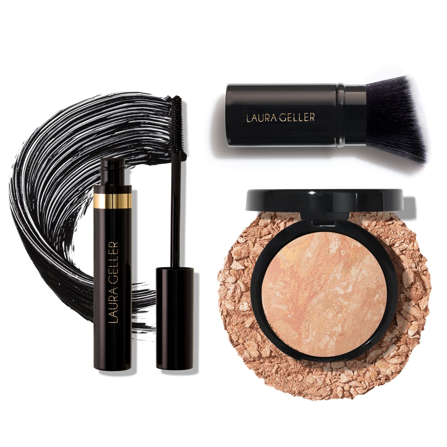 Fond de teint poudre Baked Balance-n-Brighten de LAURA GELLER NEW YORK, pinceau kabuki biseauté léger et rétractable + mascara noir longue tenue Kajal