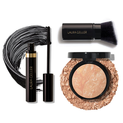 LAURA GELLER NEW YORK Baked Balance-n-Brighten Powder Foundation, Light + Retractable Angled Kabuki Brush + Kajal Longwear Length and Volume Black Mascara