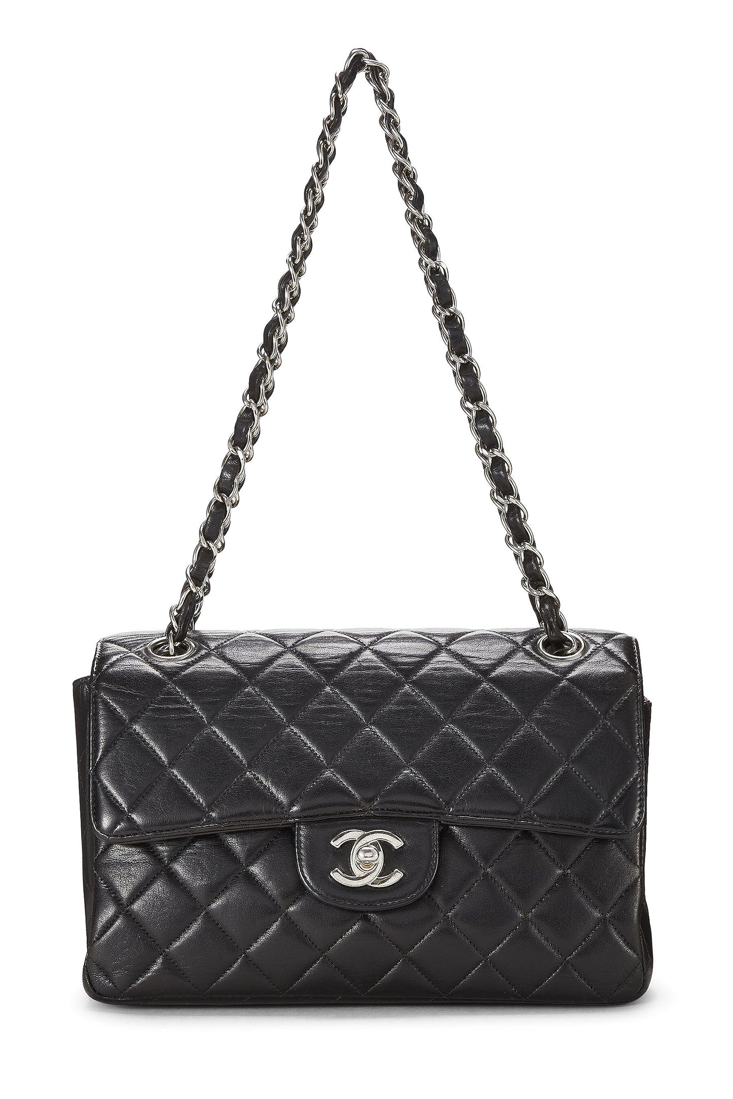 Chanel, Solapa pequeña de doble cara acolchada de piel de cordero negra Pre-Loved, Negro