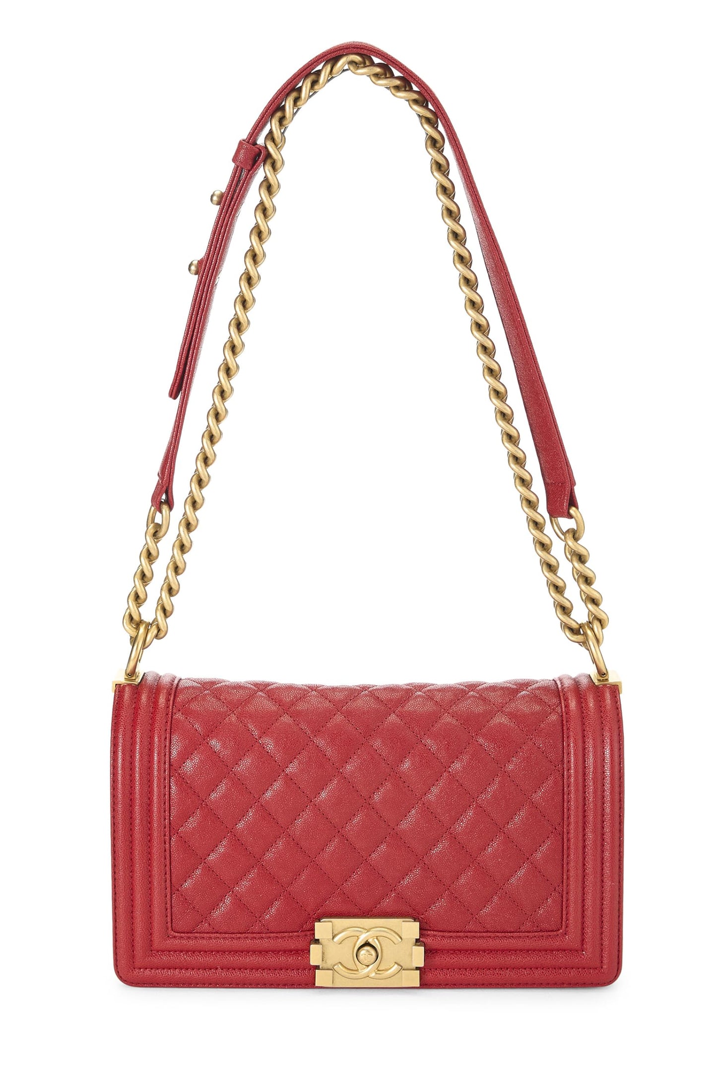 Chanel, sac Boy Caviar matelassé rouge de taille moyenne, d'occasion, rouge