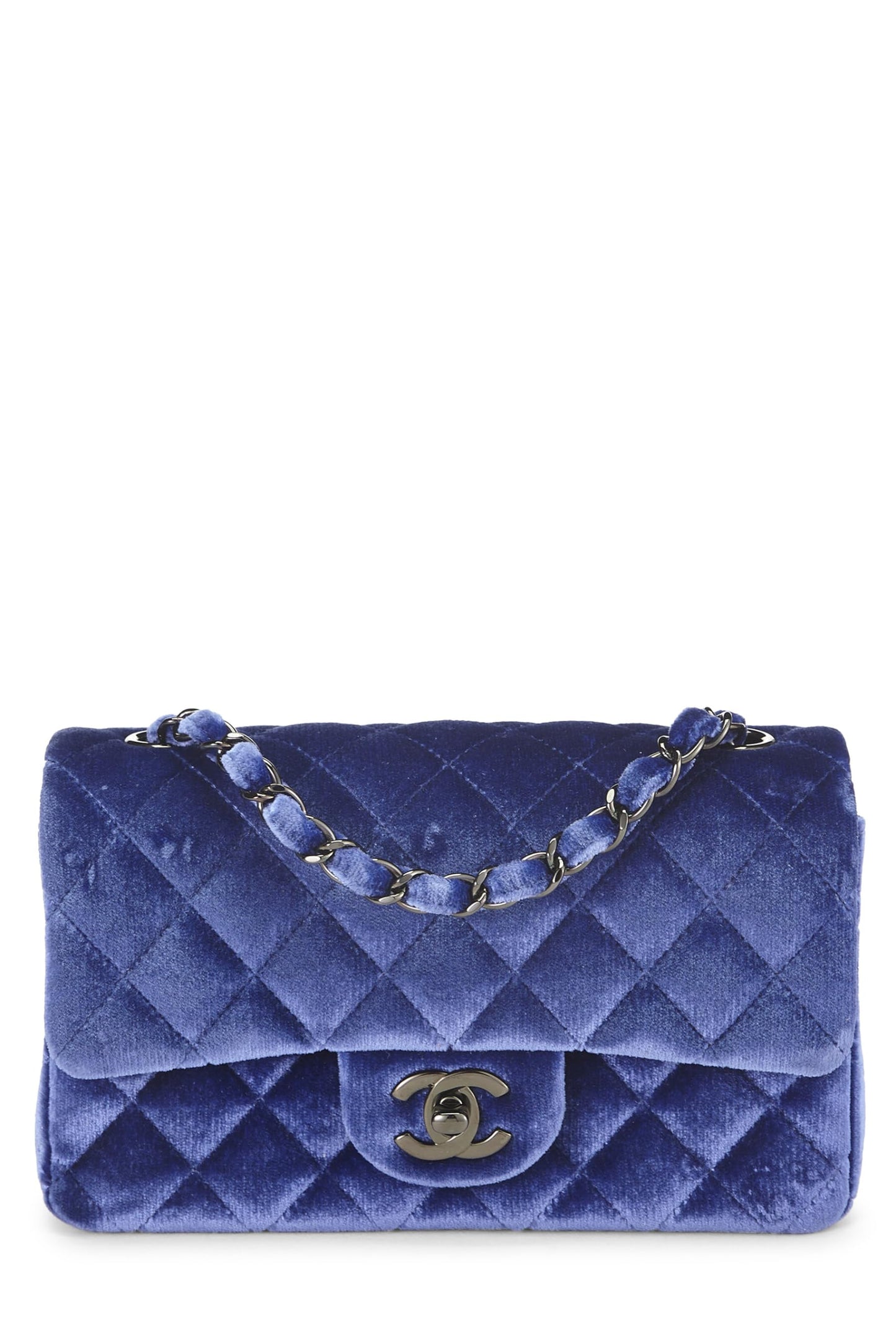 Chanel, Mini sac à rabat rectangulaire en velours violet d'occasion, bleu marine