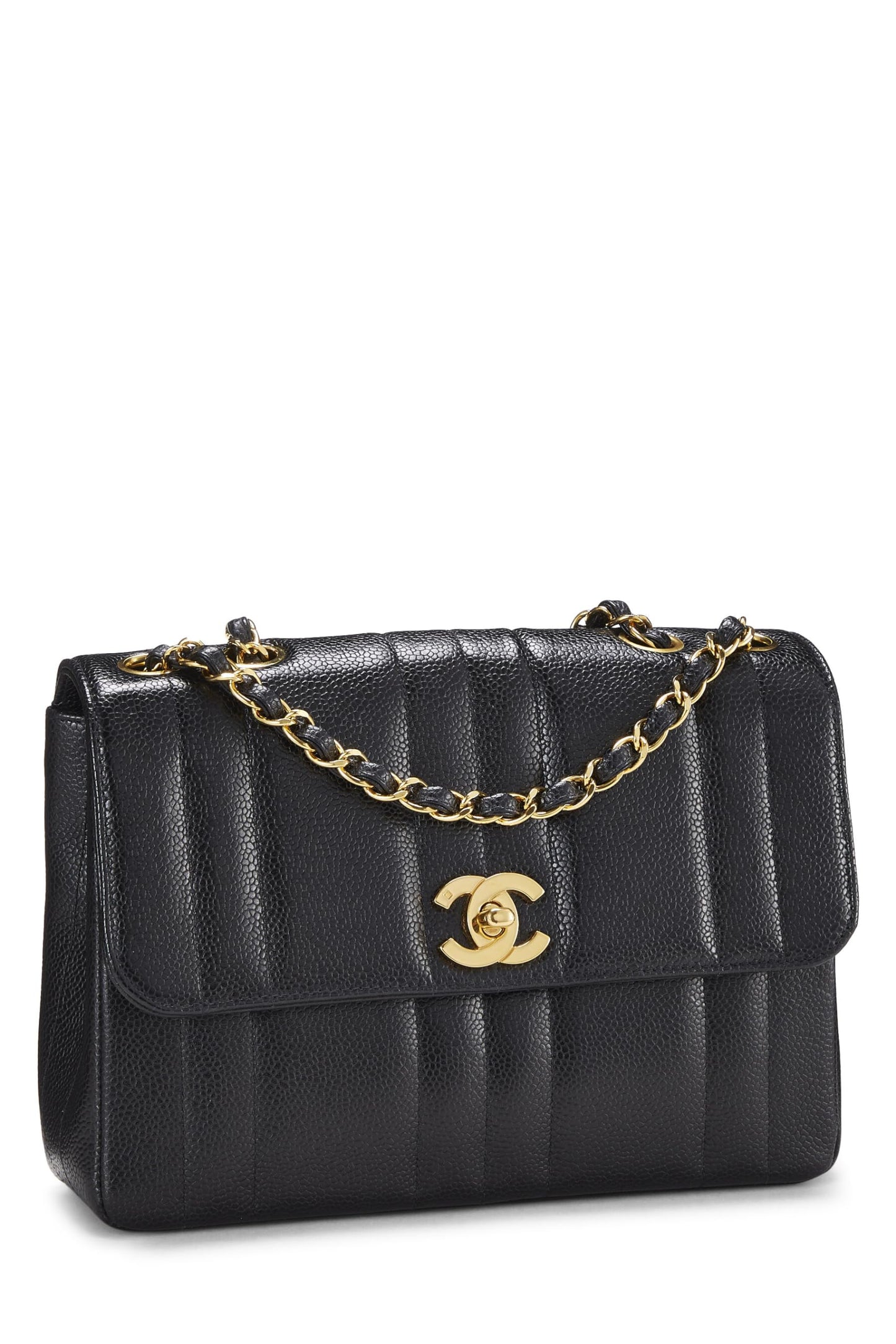 Chanel, Media solapa pequeña de caviar vertical negro Pre-Loved, Negro