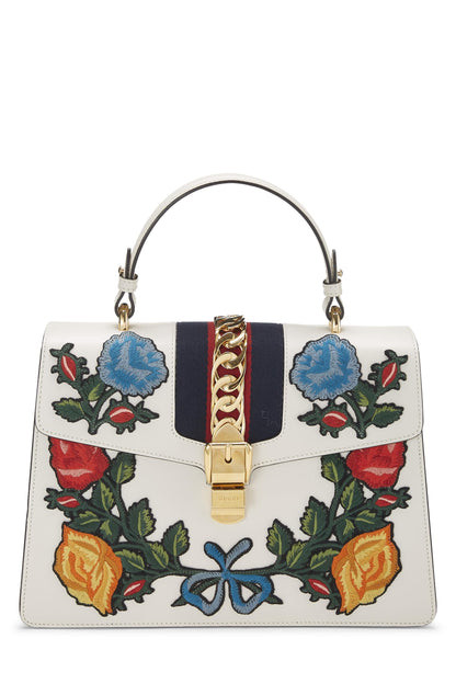 Gucci, Pre-Loved White Leather Embroidered Sylvie Top Handle Bag Medium, White