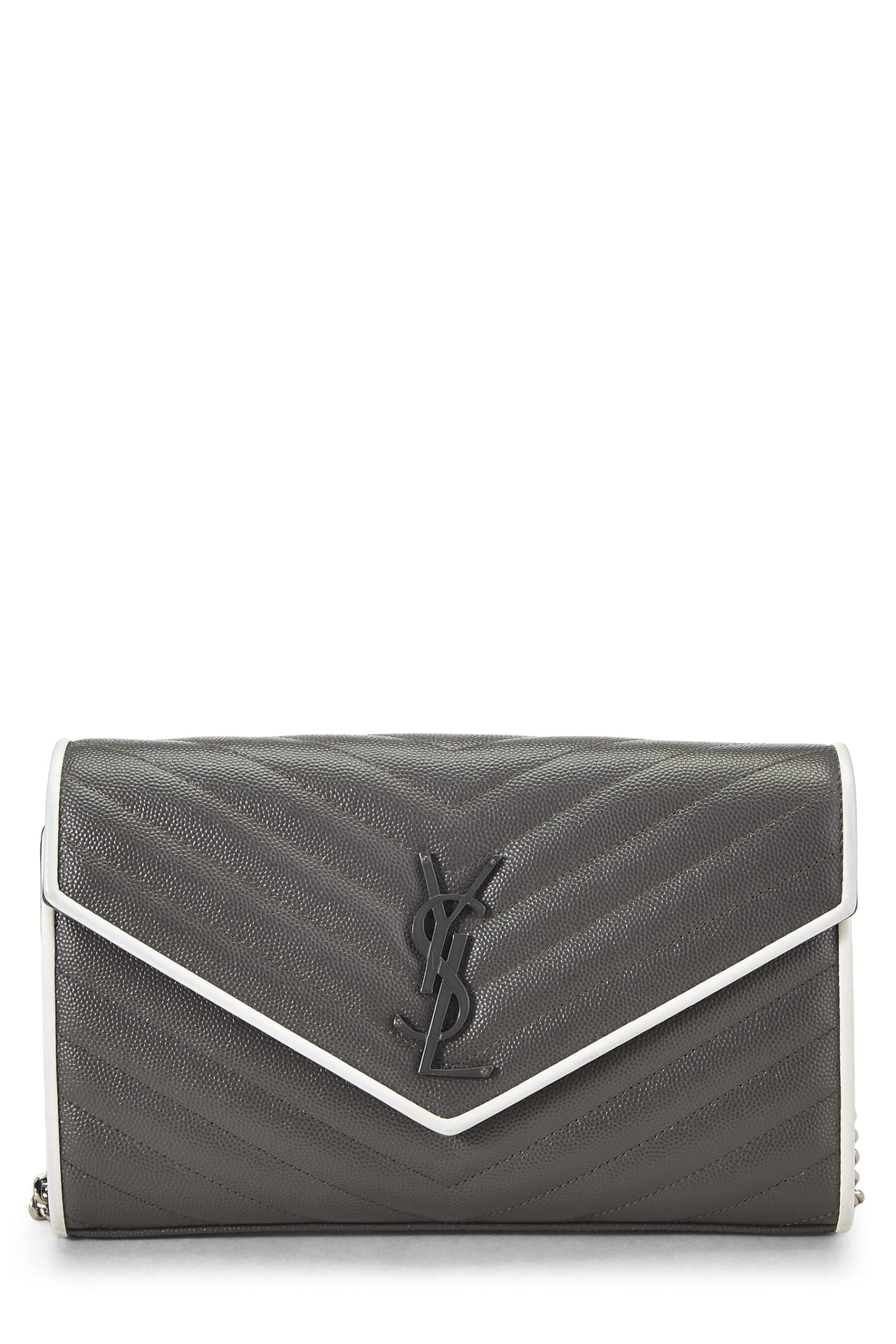 Yves Saint Laurent, Portefeuille à chaîne à monogramme gris granuleux d'occasion (WOC), gris