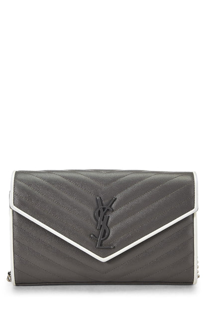 Yves Saint Laurent, Portefeuille à chaîne à monogramme gris granuleux d'occasion (WOC), gris