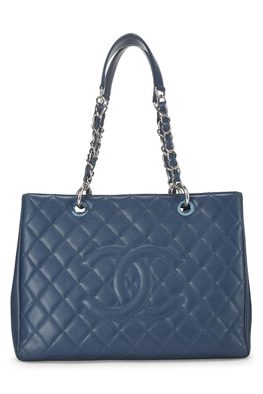 Chanel, Grand sac cabas matelassé beige Caviar d'occasion (GST), bleu