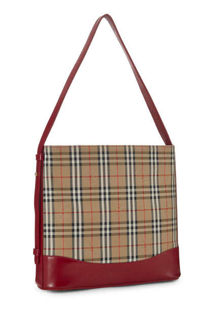 Burberry, sac à bandoulière en toile Haymarket rouge d'occasion, petit modèle, rouge