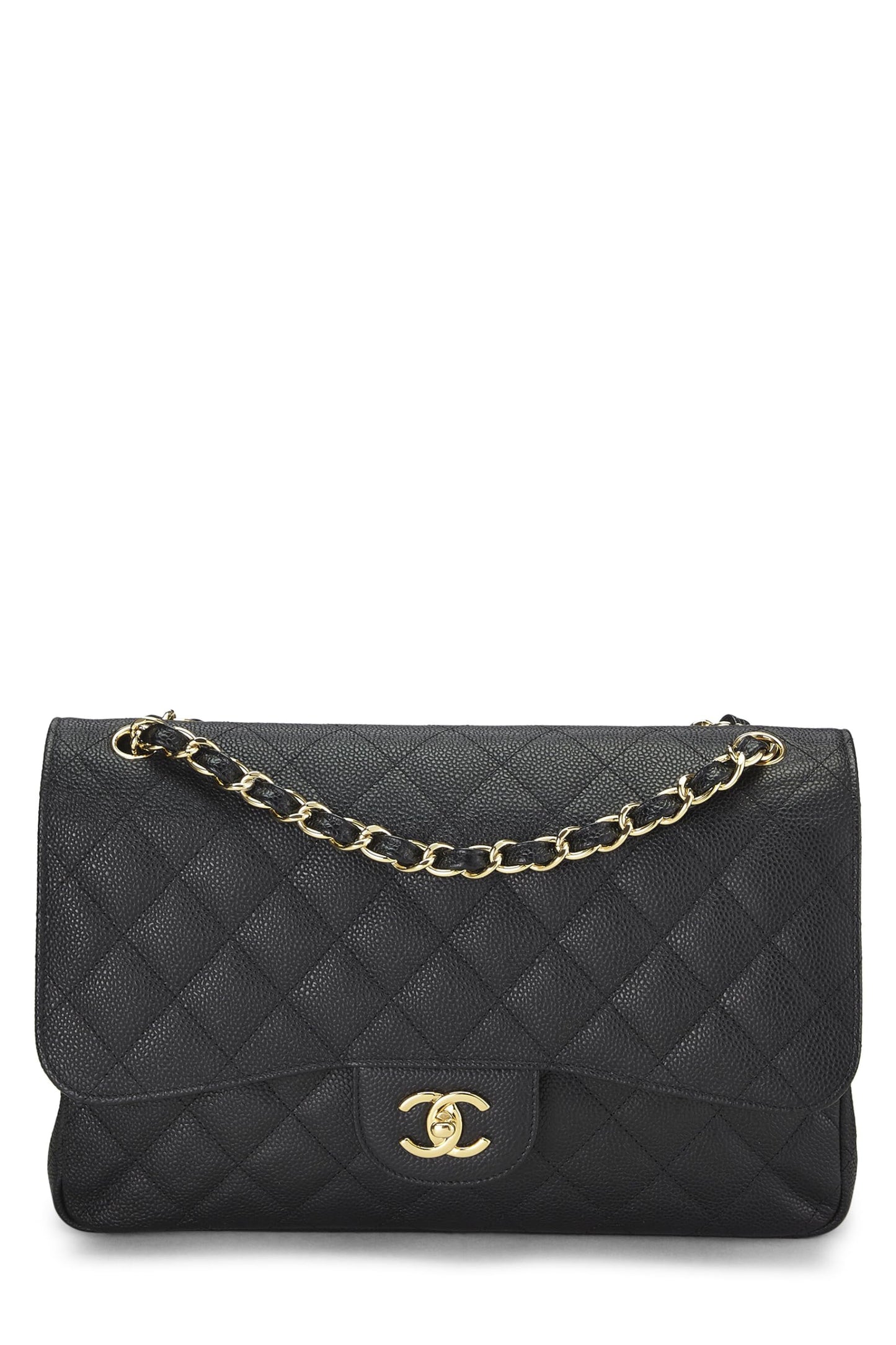 Chanel, Caviar acolchado negro Pre-Loved New Classic Jumbo con doble solapa, Negro