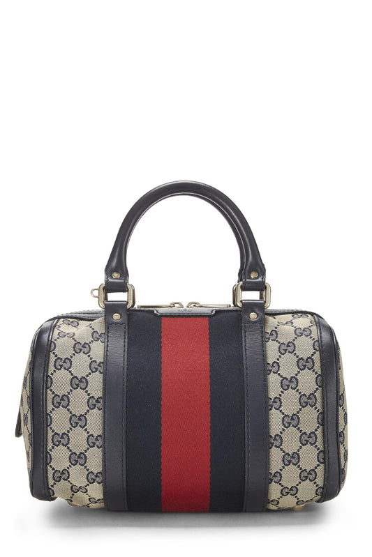 Gucci, Bolso Boston pequeño con tribanda de lona GG original azul Pre-Loved, Azul