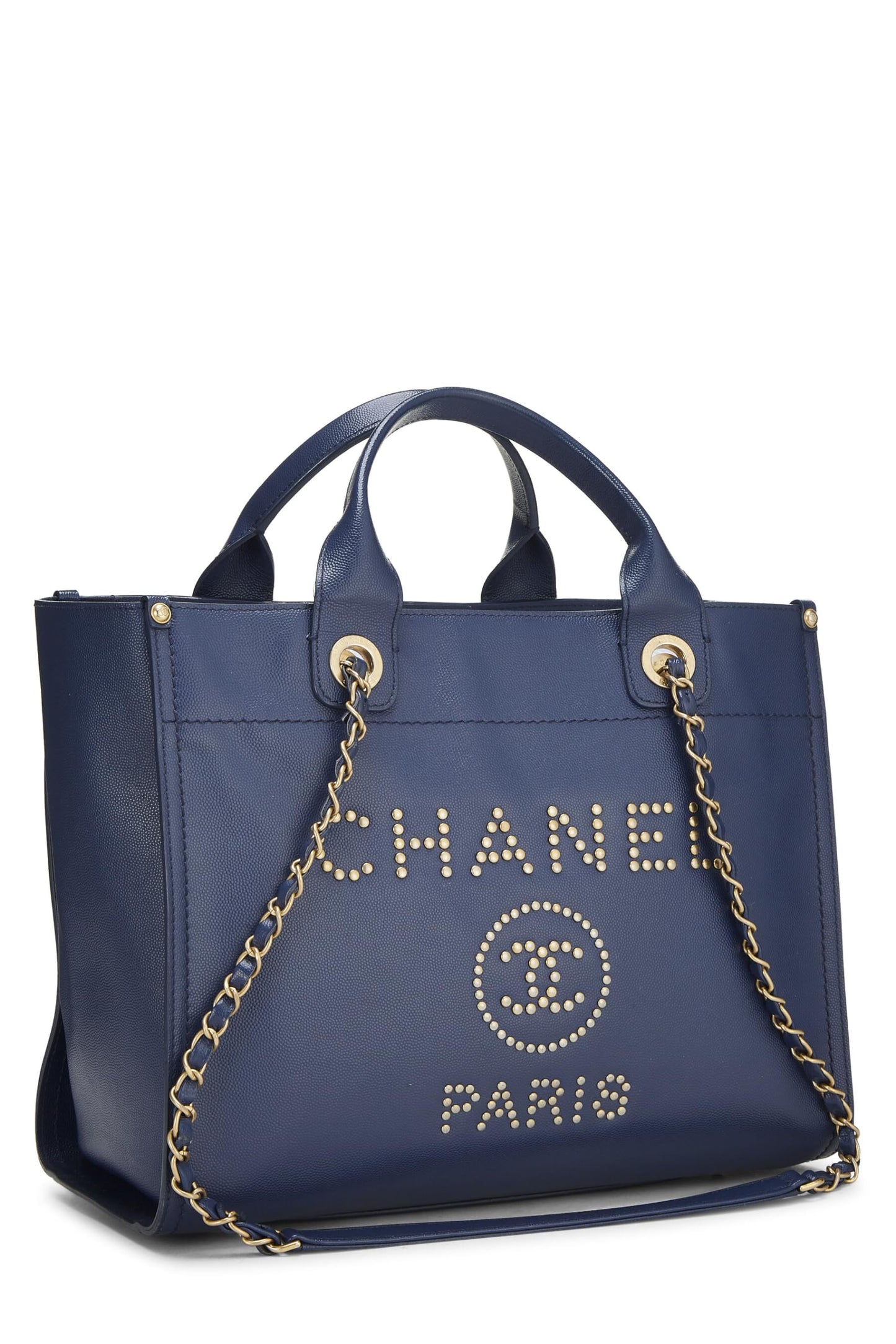 Chanel, sac cabas Deauville clouté bleu caviar de taille moyenne, d'occasion