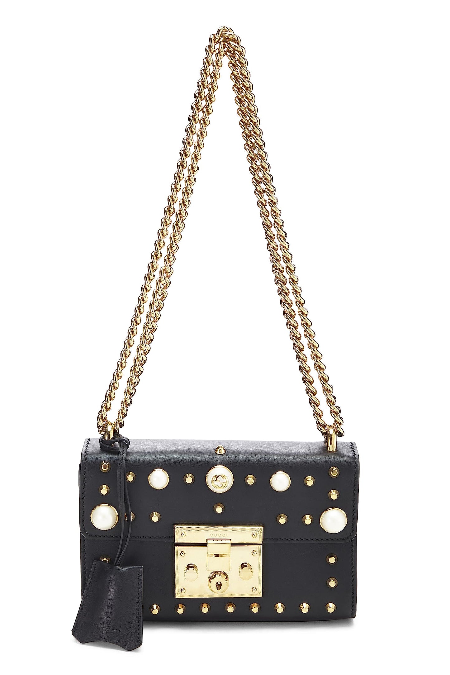 Gucci, Pre-Loved Black Leather Studded Padlock Shoulder Bag Small, Black