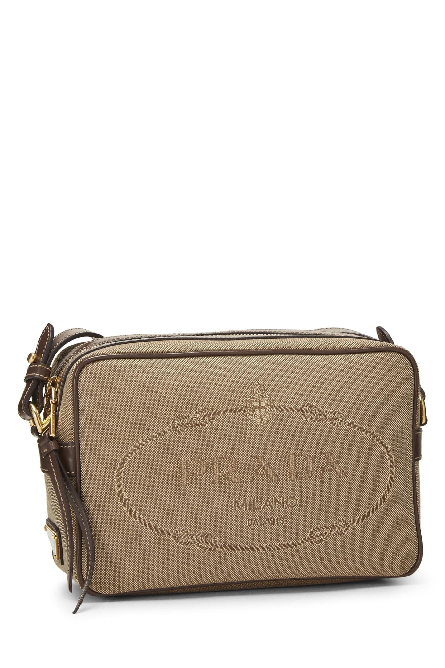 Prada, sac photo en toile beige avec logo d'occasion, marron