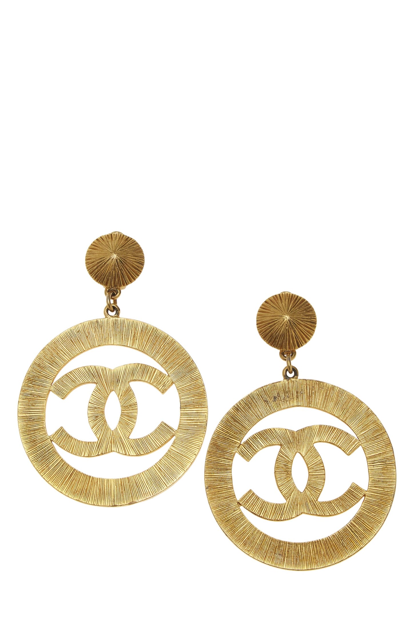 Chanel, Boucles d'oreilles pendantes en forme de soleil « CC » en or d'occasion, grandes, or