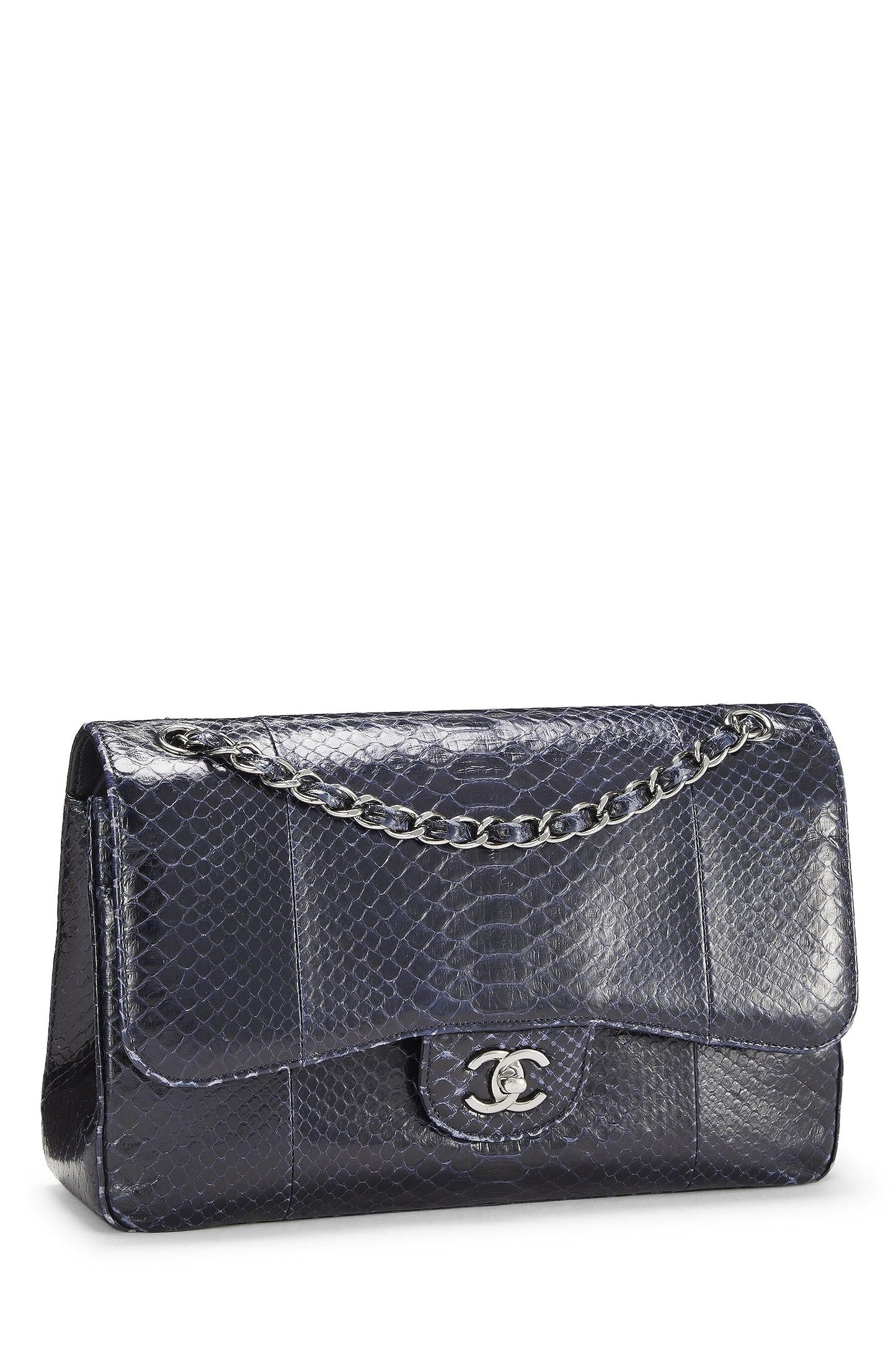 Chanel, Pre-Loved Navy Python New Classic Jumbo con doble solapa, Azul marino