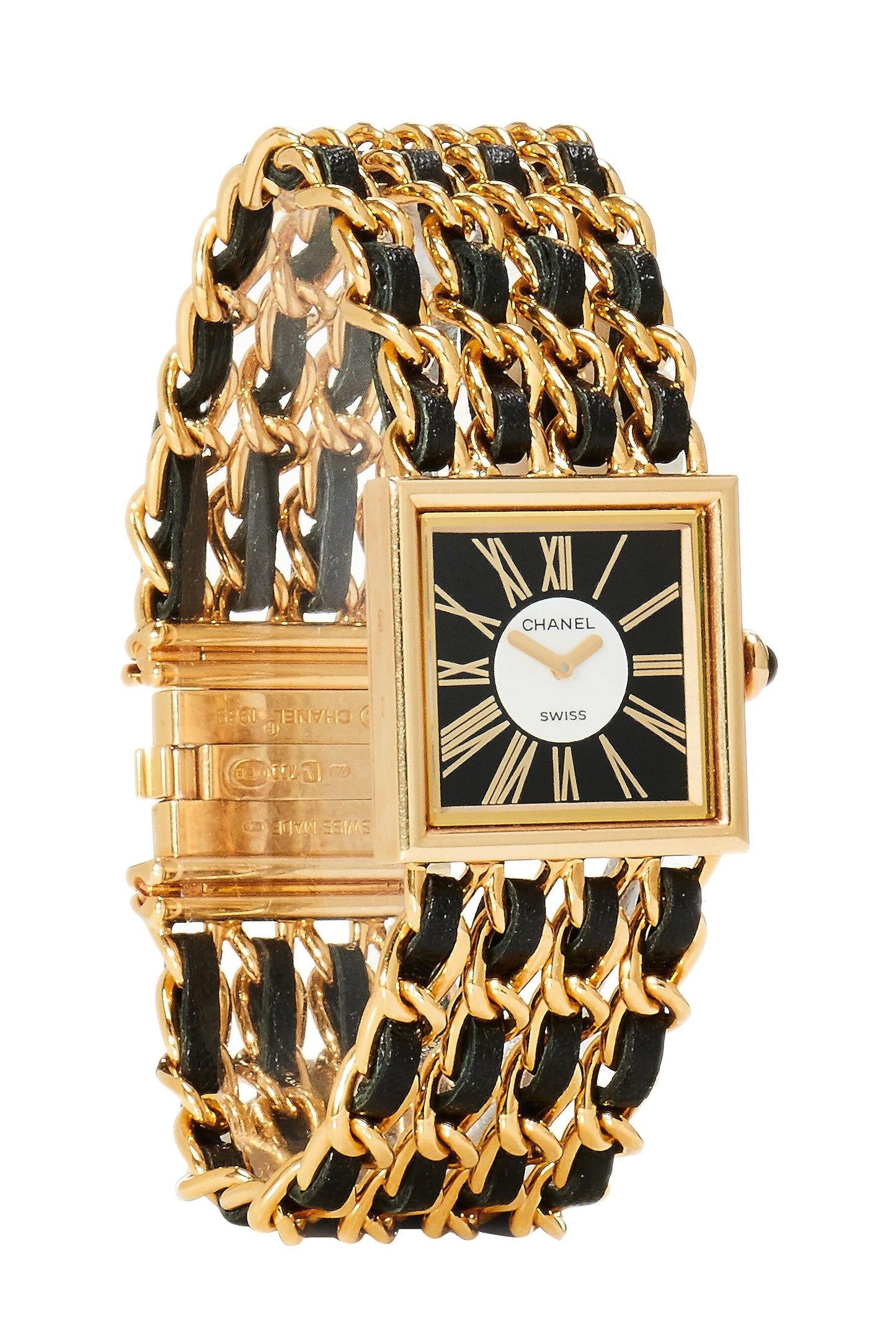 Chanel, Reloj Mademoiselle mediano en oro amarillo de 18 quilates y cuero negro Pre-Loved, negro